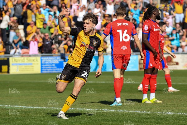 250426 - Newport County v Oldham Athletic - Sky Bet League 2 - Ben Lloyd of Newport County celebrates after scoring