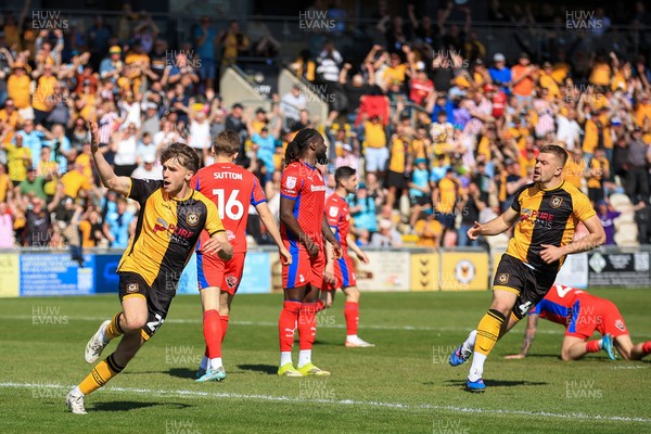 250426 - Newport County v Oldham Athletic - Sky Bet League 2 - Ben Lloyd of Newport County celebrates after scoring