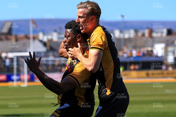 250426 - Newport County v Oldham Athletic - Sky Bet League 2 - Bobby Kamwa of Newport County celebrates after scoring