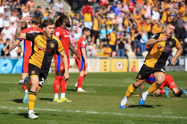 250426 - Newport County v Oldham Athletic - Sky Bet League 2 - Ben Lloyd of Newport County celebrates after scoring