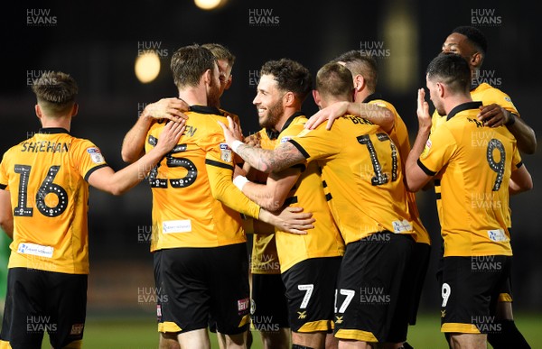 300419 - Newport County v Oldham Athletic - SkyBet League 2 - Robbie Willmott (7) of Newport County celebrates scoring goal with team mates