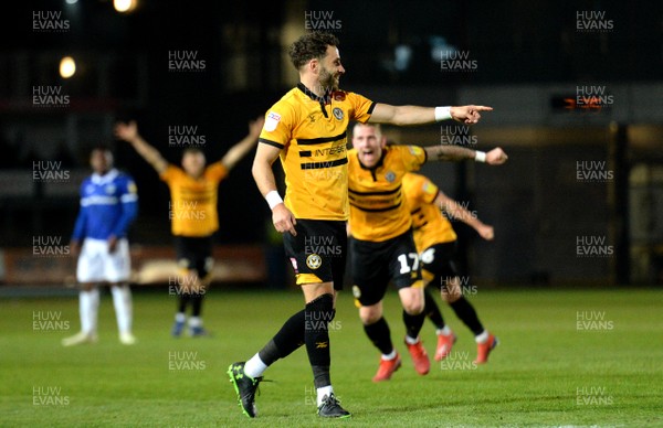 300419 - Newport County v Oldham Athletic - SkyBet League 2 - Robbie Willmott (7) of Newport County celebrates scoring goal with team mates