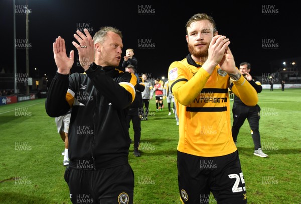 300419 - Newport County v Oldham Athletic - SkyBet League 2 - Newport County Manager Michale Flynn and Mark O'Brien of Newport County at the end of the game