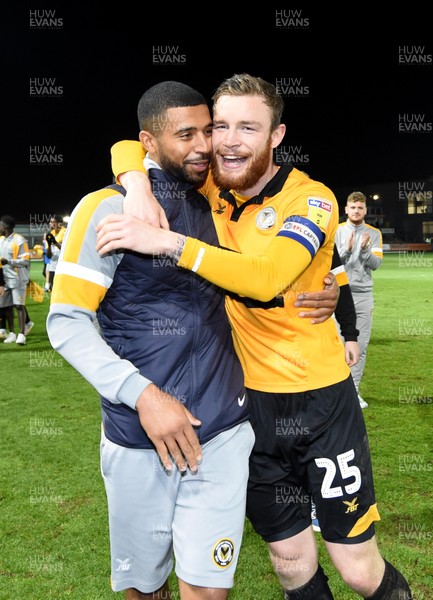 300419 - Newport County v Oldham Athletic - SkyBet League 2 - Joss Labadie and Mark O'Brien of Newport County at the end of the game