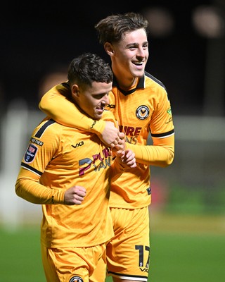 061026 - Newport County v Plymouth Argyle - EFL Trophy - Kieron Evans of Newport County celebrates scoring a goal with Alfie Merritt of Newport County