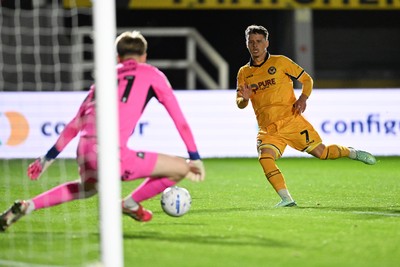 061026 - Newport County v Plymouth Argyle - EFL Trophy - Kieron Evans of Newport County has his shot saved by James Storer of Plymouth