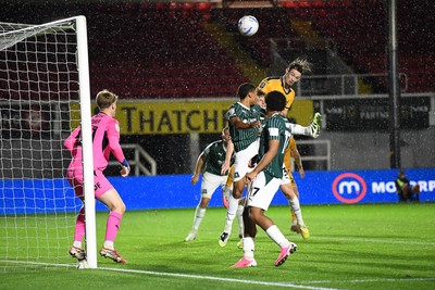 061026 - Newport County v Plymouth Argyle - EFL Trophy - Daniel Sassi of Newport County heads on goal