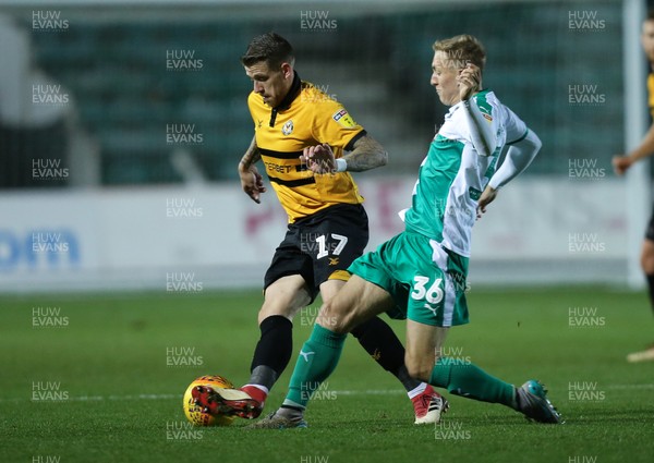 131118 - Newport County v Plymouth Argyle, EFL Checkatrade Trophy - Scot Bennett of Newport County is challenged by Alex Battle of Plymouth Argyle
