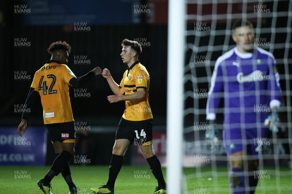 131118 - Newport County v Plymouth Argyle, EFL Checkatrade Trophy - Mark Harris of Newport County and Antoine Semenyo of Newport County celebrate after the second goal