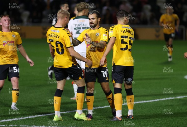 310821 - Newport County v Plymouth Argyle - Papa Johns Trophy - Dom Telford of Newport County celebrates scoring a goal with team mates