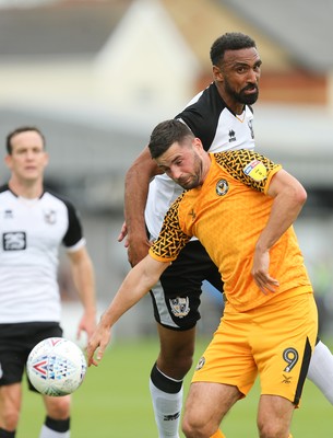 070919 - Newport County v Port Vale, SkyBet League 2 - Padraig Amond of Newport County is put under pressure by Leon Legge of Port Vale as he wins the ball