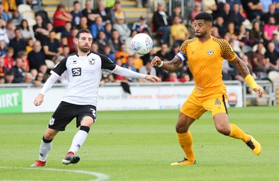 070919 - Newport County v Port Vale, SkyBet League 2 - Joss Labadie of Newport County wins the ball from David Worrall of Port Vale