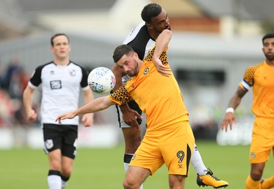 070919 - Newport County v Port Vale, SkyBet League 2 - Padraig Amond of Newport County is put under pressure by Leon Legge of Port Vale as he wins the ball