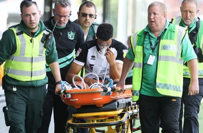 070919 - Newport County v Port Vale, SkyBet League 2 - Jordan Archer of Port Vale is stretchered off at the end of the match