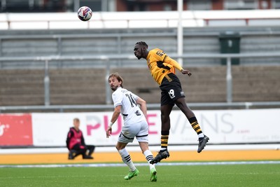 070924 - Newport County v Port Vale - Sky Bet League 2 - Nelson Sanca of Newport County wins his header