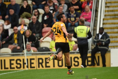 070924 - Newport County v Port Vale - Sky Bet League 2 - Aaron Wildig of Newport County celebrates scoring a goal to equalise the game