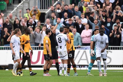 070924 - Newport County v Port Vale - Sky Bet League 2 - Kyle Jameson of Newport County is given a red card and dismissed after losing his head, leaving Newport with 9 men