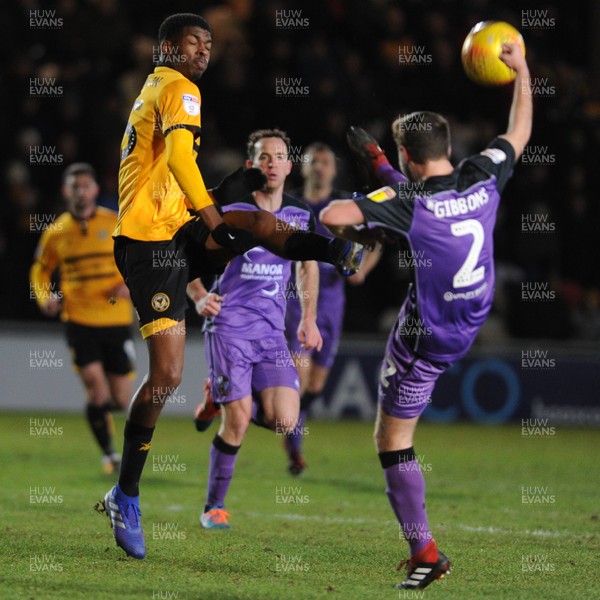 290119 - Newport County v Port Vale - Sky Bet League 2 -  Tyreeq Bakinson of Newport County and James Gibbons of Port Vale compete for the ball