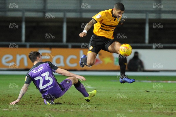 290119 - Newport County v Port Vale - Sky Bet League 2 -  Joss Labadie of Newport County beats the tackle of Mitchell Clark of Port Vale