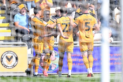150826 - Newport County v Rochdale - Sky Bet League 2 - Shaquille Gwengwe of Newport County celebrates scoring a goal with team mates