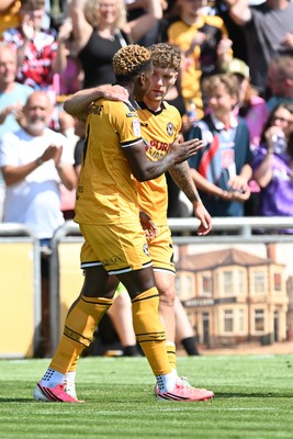 150826 - Newport County v Rochdale - Sky Bet League 2 - Shaquille Gwengwe of Newport County celebrates scoring a goal with team mates