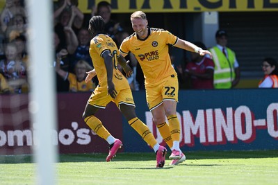 150826 - Newport County v Rochdale - Sky Bet League 2 - Yahya Bamba of Newport County celebrates scoring a goal with team mates