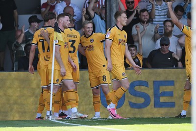 150826 - Newport County v Rochdale - Sky Bet League 2 - Yahya Bamba of Newport County celebrates scoring a goal with team mates