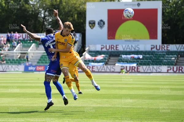 150826 - Newport County v Rochdale - Sky Bet League 2 - Tom Davies of Newport County is challenged by Tobi Adebayo-Rowling of Rochdale