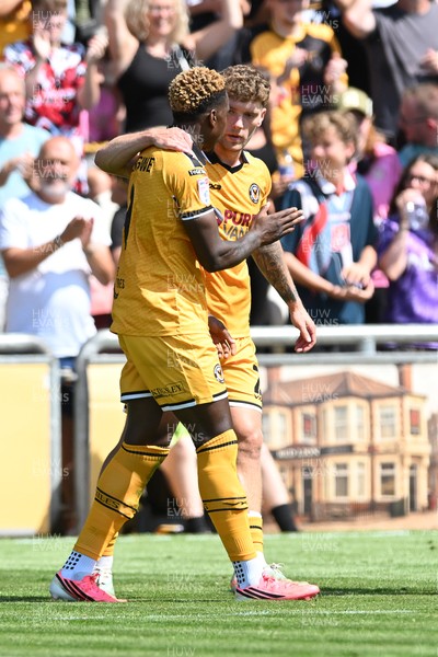 150826 - Newport County v Rochdale - Sky Bet League 2 - Shaquille Gwengwe of Newport County celebrates scoring a goal with team mates