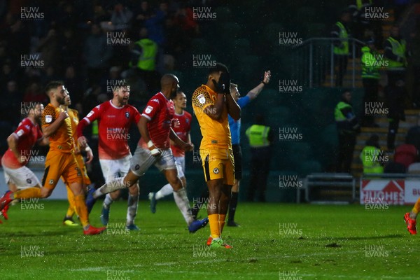 021119 - Newport County v Salford City - Sky Bet League 2 - Tristan Abrahams of Newport County has his penalty saved