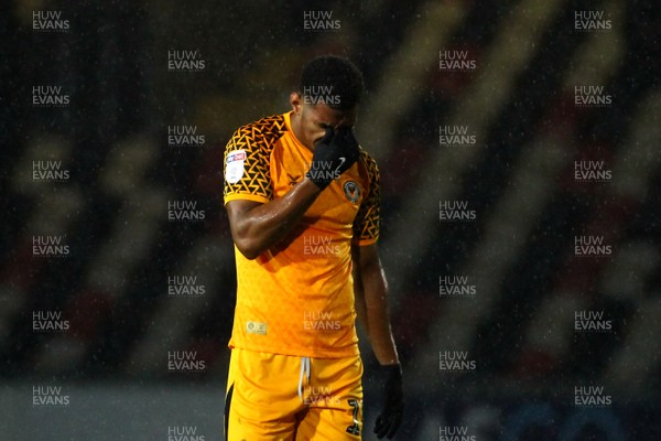 021119 - Newport County v Salford City - Sky Bet League 2 - Tristan Abrahams of Newport County is dejected at the end of the game