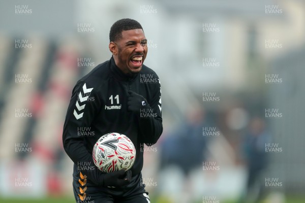 281120 - Newport County v Salford City - FA Cup Second Round - Tristan Abrahams of Newport County warms up before the game 