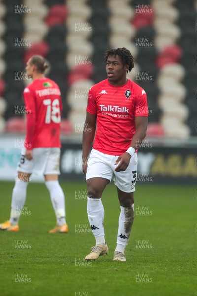 281120 - Newport County v Salford City - FA Cup Second Round - Brandon Thomas-Asante of Salford City leaves the field after being shown a red card for a challenge on Tom King of Newport County 