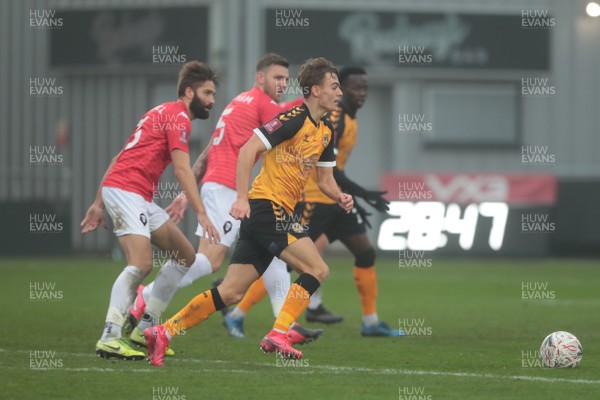 281120 - Newport County v Salford City - FA Cup Second Round - Scott Twine of Newport County heads for the Salford goal  