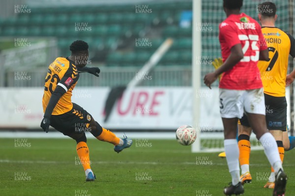281120 - Newport County v Salford City - FA Cup Second Round - Saikou Janneh scores Newport County�s third goal v Salford City 