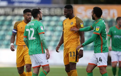 191019 - Newport County v Scunthorpe United - SkyBet League Two - Jamille Matt of Newport County confronts Levi Sutton of Scunthorpe United