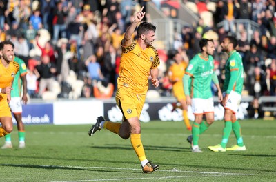 191019 - Newport County v Scunthorpe United - SkyBet League Two - Padraig Amond of Newport County celebrates scoring a goal