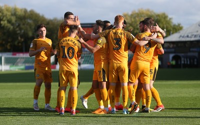 191019 - Newport County v Scunthorpe United - SkyBet League Two - Padraig Amond of Newport County celebrates scoring a goal with team mates