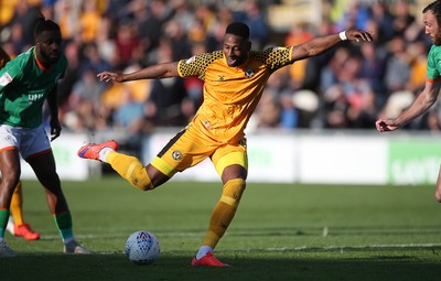 191019 - Newport County v Scunthorpe United - SkyBet League Two - Jamille Matt of Newport County has a shot at goal