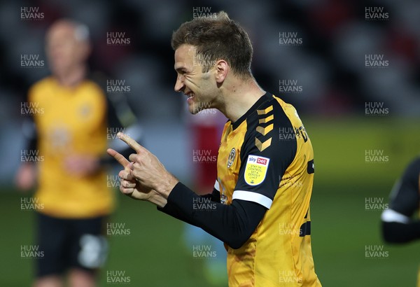 270421 - Newport County v Scunthorpe United - SkyBet League Two - Mickey Demetriou of Newport County celebrates scoring a goal to make the score 4-0