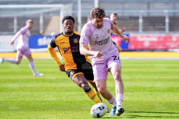 280326 - Newport County v Shrewsbury Town - Sky Bet League 2 - Sam Stubbs of Shrewsbury Town is challenged by Bobby Kamwa of Newport County
