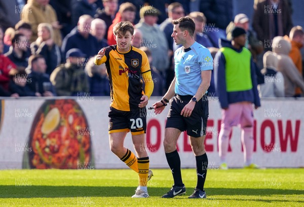 280326 - Newport County v Shrewsbury Town - Sky Bet League 2 - Ben Lloyd of Newport County interacts with the Referee