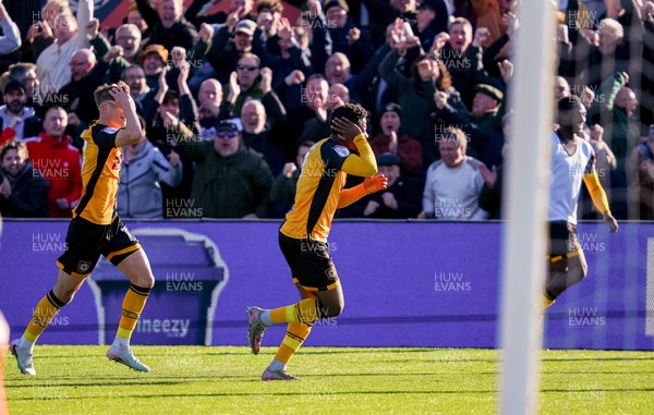 280326 - Newport County v Shrewsbury Town - Sky Bet League 2 - Bobby Kamwa of Newport County celebrates scoring his team’s first goal