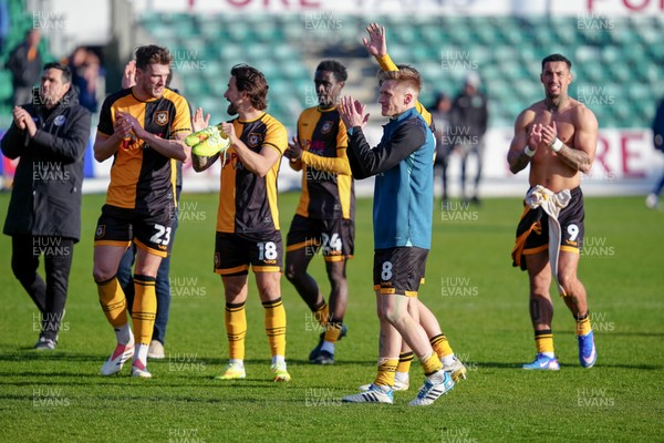 280326 - Newport County v Shrewsbury Town - Sky Bet League 2 - Players of Newport County applauds the fans following the match