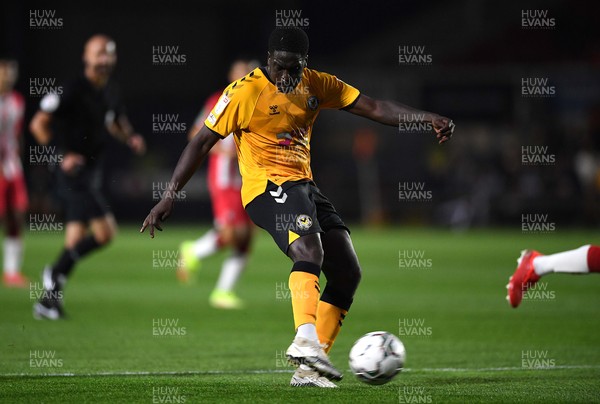 250821 - Newport County v Southampton - Carabao Cup - Christopher Missilou of Newport County tries a shot at goal