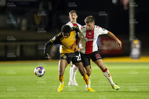 181022 - Newport County v Southampton U21 - Papa Johns Trophy - Nathan Moriah-Welsh of Newport County in action against Jack Turner of Southampton