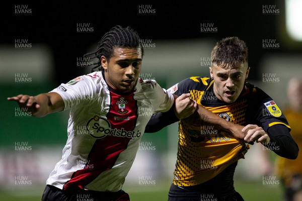 181022 - Newport County v Southampton U21 - Papa Johns Trophy - Lewis Collins of Newport County in action against Nico Lawrence of Southampton