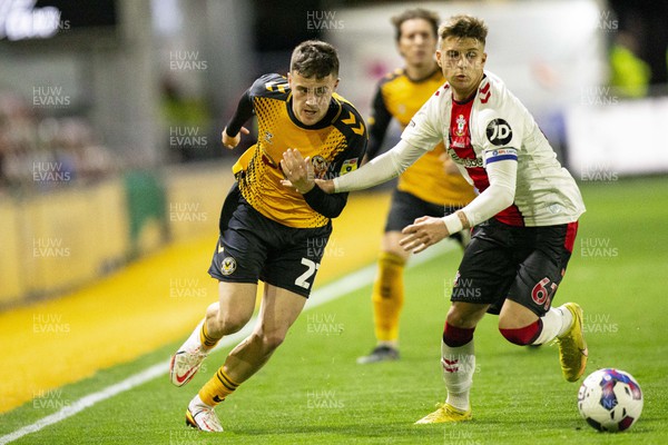 181022 - Newport County v Southampton U21 - Papa Johns Trophy - Lewis Collins of Newport County in action against Lewis Payne of Southampton