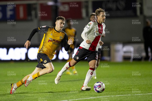 181022 - Newport County v Southampton U21 - Papa Johns Trophy - Lewis Collins of Newport County in action against Oliver Lancashire of Southampton