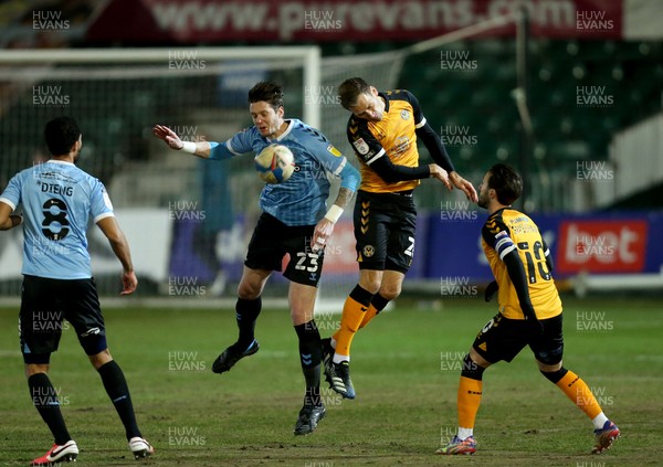 090221 - Newport County v Southend United, Sky Bet League 2 - Greg Halford of Southend United competes with Mickey Demetriou of Newport County